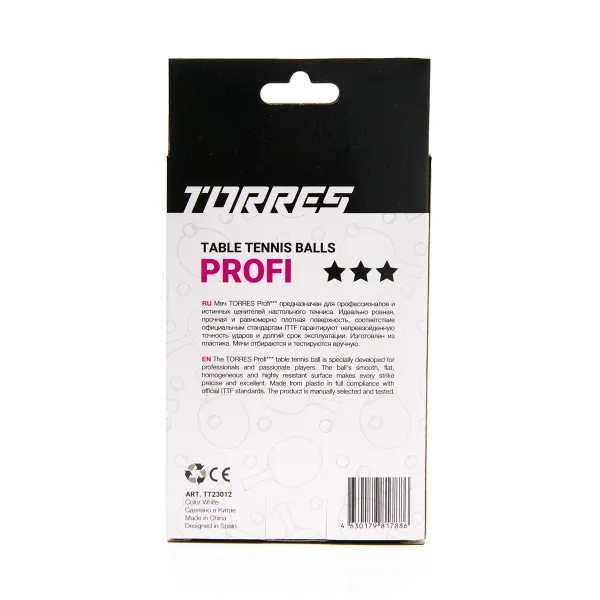 Мяч для наст. тенниса TORRES Profi 3*, TT23012, диам. 40+мм, упак. 6 шт, белый за 338.30 ₽ в Петрозаводске